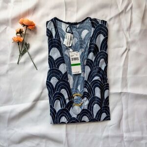 Trina Turk Navy & White Sheer Maxi Swim Cover-Up wGold Ring Detail Size L NWT